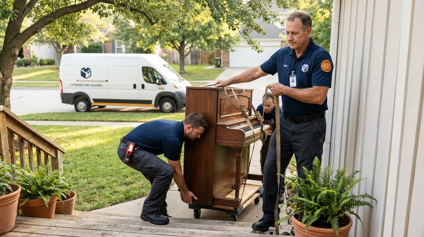 Licensed piano movers securing grand piano in Auburn, IN