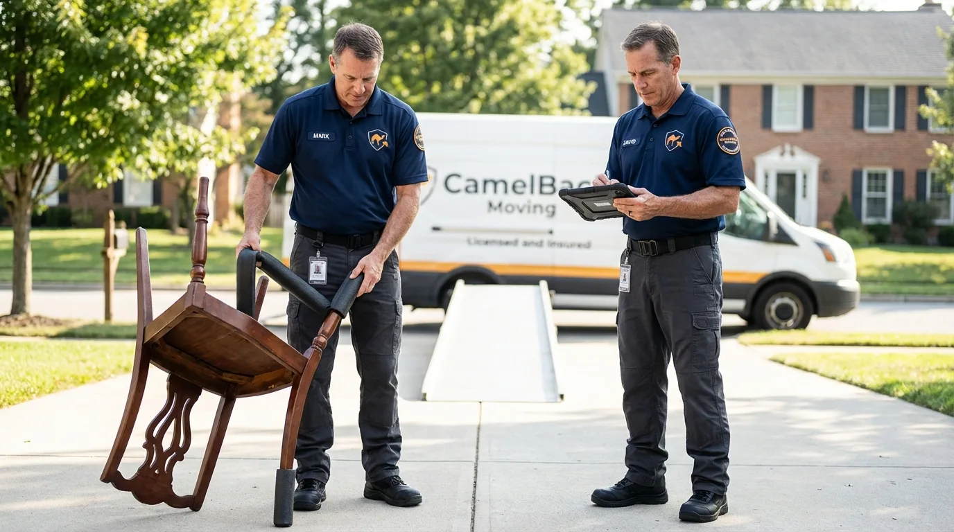 Movers inspecting furniture for damage prevention before loading in Auburn, IN