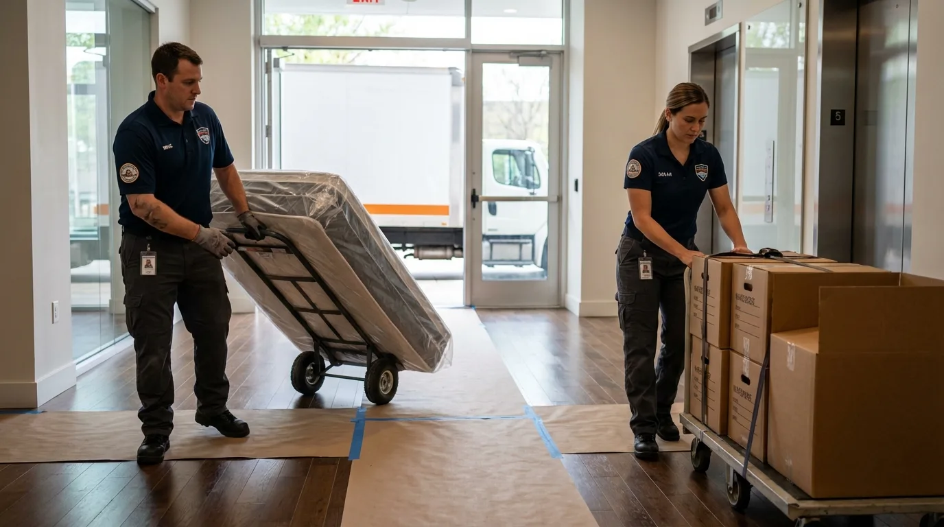 Professional apartment movers loading elevator in Auburn, IN
